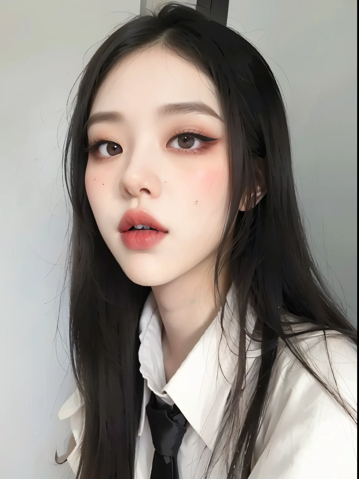Hay una mujer con corbata y camisa blanca, cruel korean goth girl, Estilo de Junji Ito, Cara sexy con maquillaje completo, pale goth beauty, maquillaje popular de Corea del Sur, maquillaje coreano popular, Korean symmetrical face, 1 7 - year - old goth girl, pale porcelain white skin, Goth makeup, pale fair skin!!, goth girl aesthetic