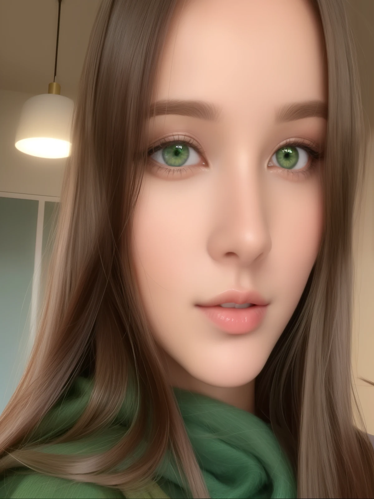 a close-up of a woman with long hair and a green scarf, cabelos castanhos e olhos grandes, Mulher francesa de 30 anos,  com olhos verdes, Retrato Sophie Mudd, com olhos verdes deslumbrantes, olhos verdes claros, rosto perfeito ), bright olhos verdes precisos, olhos verdes precisos, olhos verdes cara fina cara bonita, Karolina Cummings