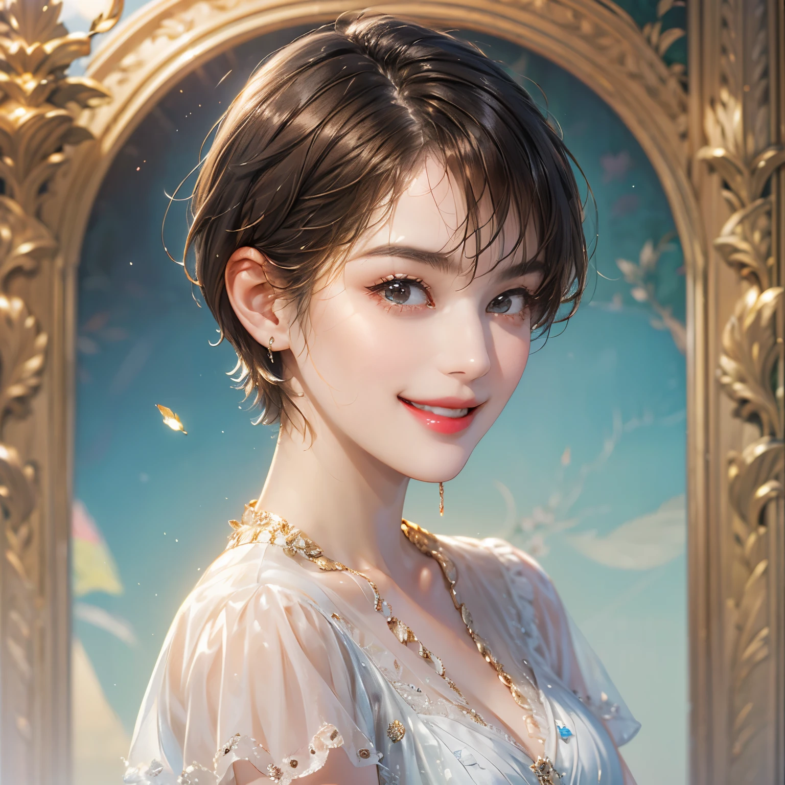 143
(a 20 yo woman), (A hyper-realistic), (high-level image quality), ((beautiful hairstyle 46)), ((short-hair:1.46)), (kindly smile), (breasted:1.1), (lipsticks)