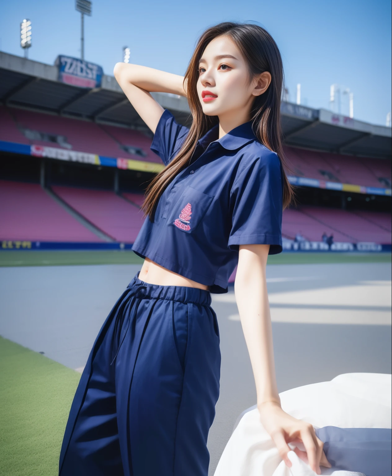 (bestquality,10,10,highres,masterpiece:1.2),ultra-detail,(Realistic,ภาพRealistic,photo-realistic:1.37),1 Cute girl in the football field,oily shiny skin,bara,light smile,BDclothelue shirt:1.3)),short sleeves,shirt, trousers.,(navy_long_ติดตามtrousers:1.1), ((Stadium Background:1.3)),dynamic angle,excited,face focus,Dynamic Poses,from behide,Ass Focus,masterpiece, bestquality, ultra realistic, hyper-detail, 8k resolution, RAW photo, crisp focus, ((Navy blue shirt:1.1)), short sleeves, เส้นทางlong, Complete bodyแบบ, 2 mature women, 18yo, cinematic light,trousersวอร์มสีน้ําเงิน,Gymware,Correct anatomy,Complete body, Correct body, sharp face, Correct bodyทางกายวิภาค, full entire body,((สวมlook viewer)), look viewer, Realistic gestures, long-haired, Realistic poses,Wear long shorts..............................,ช่วงขาlong,Shapely,Sculpting Girl, Slender Figure, mannequin mannequins, Shapely, Beautiful body,trousersวอร์มสีน้ําเงิน, Two girls kissing,((สวมwatch)), watch