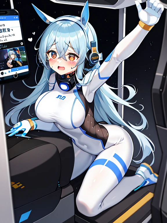 （Equestrian machine):1.3、straddle the horse riding machine、Tubes and cables、holds the smartphone in her hand、(Interior of white cyberpunk futuristic space station)、1girl in、独奏、Full body painting、breastsout、perspiring、tears、Heart-shaped pupil、Ahegao、Steamed body、(Futuristic white latex bodysuit spacesuit):1.1,head phone、V arm、(red blush:1.3)