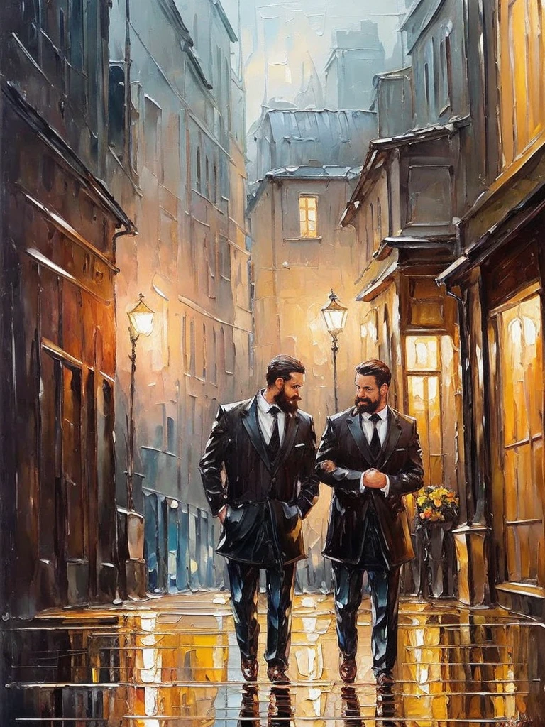 (Oil painting 1.2 Oil Painting Strokes 1.8) （Oil painting 1.2）（（model(Oil painting 1.2 Oil Painting Strokes 1.8) ！Cartoon young gay couple walking on city street in rain, Guweiz style artwork！（（affectionate（Don't look at the lens！）ambiguous relationshison, whole body from top to bottom！英俊的男a person, Elegant姿勢！Rendering advanced！Artis, Movie！ Muscular man with mustache！french art！年輕英俊的的男model！The light coming in from the window！Award-winning works！man hugging！Have a beard！30 years old and strong！There is a sense of story！Elegant！Hold your chin in your hand！Greg Rutkoski&#39;s Stylish Cinema Lighting！（carefully sculpted eyes））Oil painting style！！！