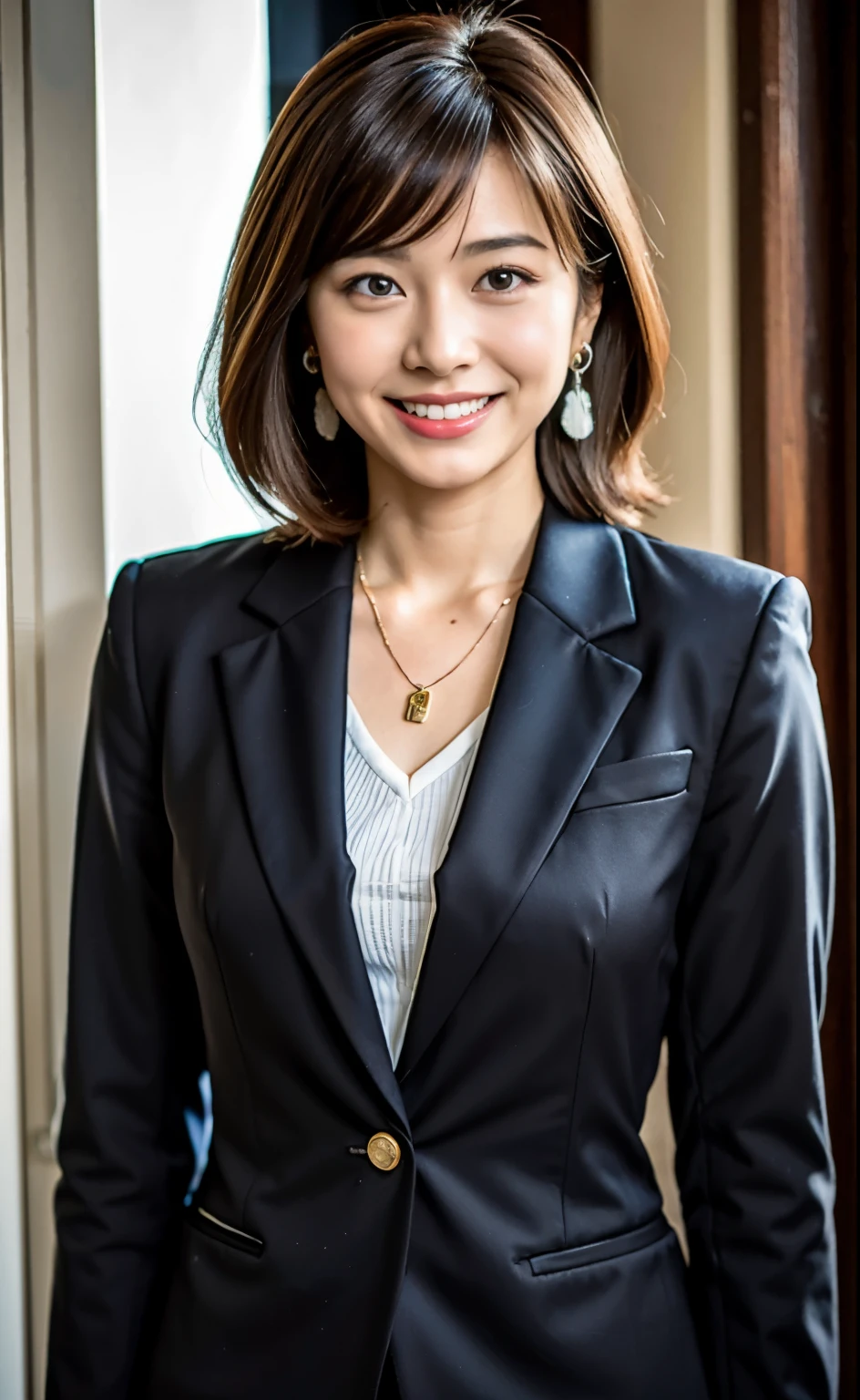 ((((Medium Hair, dark brown hair)))), Best Quality, 8K, nffsw, hight resolution, absurderes:1.2, Blurry background, Bokeh:1.2, Photography, (Raw photo:1.2), (Photorealistic:1.4), (masutepiece:1.3), (intric e details:1.2), 1girl in, Solo, japanaese girl, e in delic, beautiFul detailed, (Detailed eyes), (detailed Facial Feでures), pedium chest))), Skin Tight, (up looking_で_viewer), From_Front, (skinny), (Best Quality:1.4), (ultra hight resolution:1.2), cinematric light, (ion in extreme detailed illustr), (lipgloss, Best Quality, ultra hight resolution, depth oF Field, Caustics, Broad lighting, ural shading in n, 85 mm, F/1.4, ISO 200, 1/160s:0.75),1girl in, Solo, ((Smile)), ((Full body, Long legs)), ulzzang -6500-v1.1, (((oFFice lady))), ((((Business Suit)))), (((Earring, Necklace))), a computer