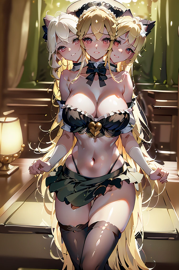 (masterpiece, best quality),best quality, best resolution, (ultra-detailed), (3heads:1.5), 1girl, (kirasame marisa:1.3), masterpiece, best quality, black top, crop top, ((stomach)), midriff, ((groin)), black skirt, normal ears, shackles, blonde hair, very long hair, wavy hair, sidelocks, golden eyes, detailed eyes, parted lips, single horn, sweat, cute, toned belly, hand on own chest, eyelashes, (24 year old woman:1.3), (masterpiece:1.4), (best quality:1.4), (beautiful detailed extremely detailed CG, extremely delicate and beautiful, depth of field, (finely detailed face), (perfect details:1.1), (mature female:1.3), wide pelvis, slender, large veiny breast, 8k resolution, high quality, high definition, extremely detailed, masterpiece, best quality, blonde hair, long hair, alluring presence, braid, short skirt, close up, big tits, young, witch hat, waist apron, hair bow, frills,