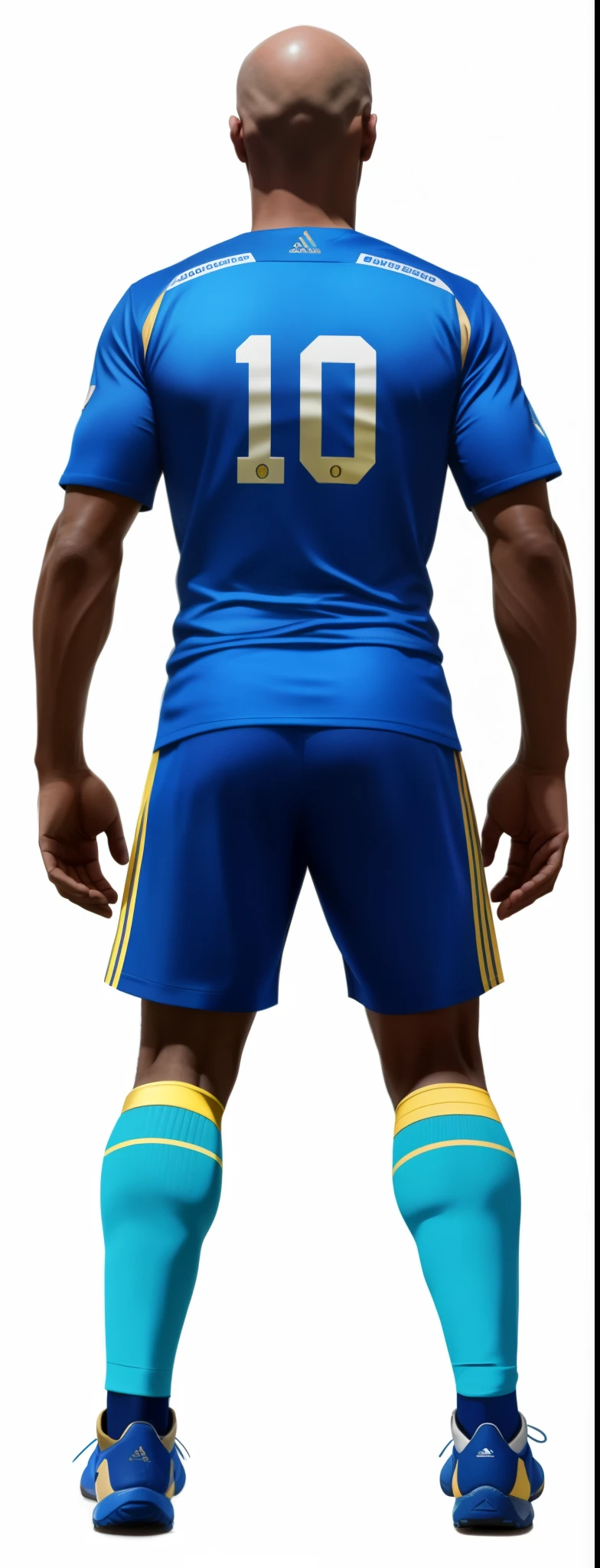 French-German image of bald football player wearing blue and uniform, blue uniforms, Centered full body rear shot, upper body avatar, posterior view. nuriyem, full body detailing, Full body view from a distance, Inspired by William Murai, upper body 2d game avatar, Edited, full body detailing, Blue and gold, 8k in game graphics, super detail, ccurate, best quality, high quality, textured skin, masterpiece, super detail, highres, best quality, UHD