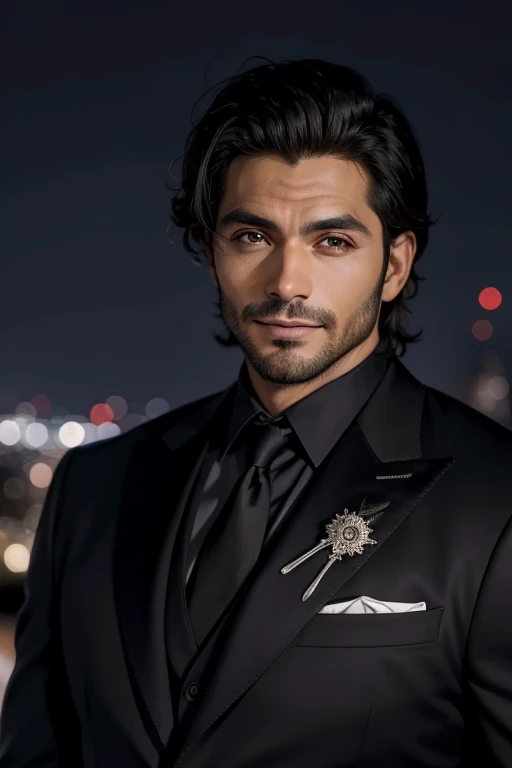 (absurdos, Altas Resoluciones, Ultra detallado, realista, ), 1 hombre, solamente, cabello ondulado, 27 year old, 1.70 mts, hombros anchos, guapo, moreno, pelo ligeramente largo, cabello ?????, ojos negros, angular jaw, cuello grueso, cejas gruesas, Noche, oscuro, the Noche view of the city background, barba poblada, Traje formal, Parte superior del cuerpo, mirada profunda pero ligeramente cansada