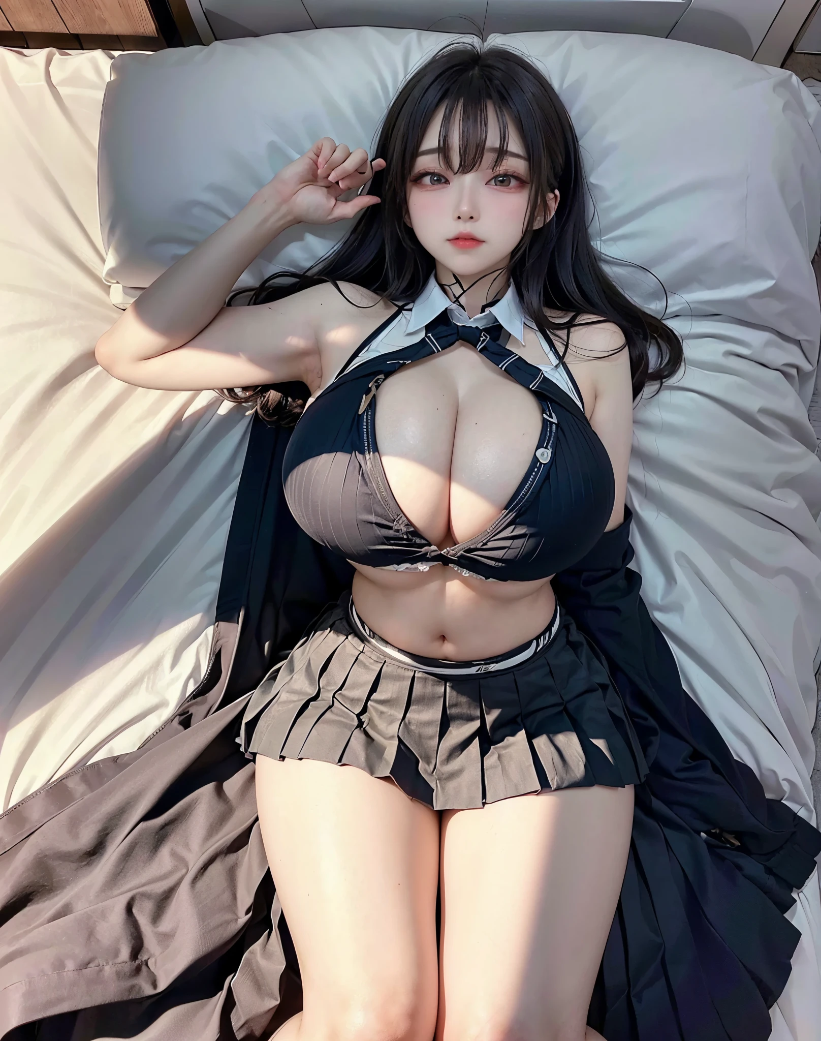 the Extremely Detailed CG Unity 8K Wallpapers,top-quality,ultra-detailliert,,realisitic,Photo Real,Bright lighting,extremely detailed cute girl,17 age,Innocent big eyes,A detailed eye,(Shorthair with black hair)),flawless skin,shinny skin,fair white skin,Fine skin,large full breasts,((perfect anatomia,nice hand,perfect hand,Five fingers connected to the palm of the hand,accurate hands without incongruity))、((blazers:1.5)))、((pleated skirt:1.5))、((Black High Socks))、((Lie on your back:1.4))、((huge-breasted:1.5))、Little devil smile,a small face,full body,(Little devil smile),(lie on the bed with your legs wide apart:1.4),(),(For beautiful thighs),(Twisting the skirt),(huge-breasted:1.5),(thong),(Angle from directly above:1.8),(Lie down with your legs loosely spread:1.4),(open your legs and raise them up)