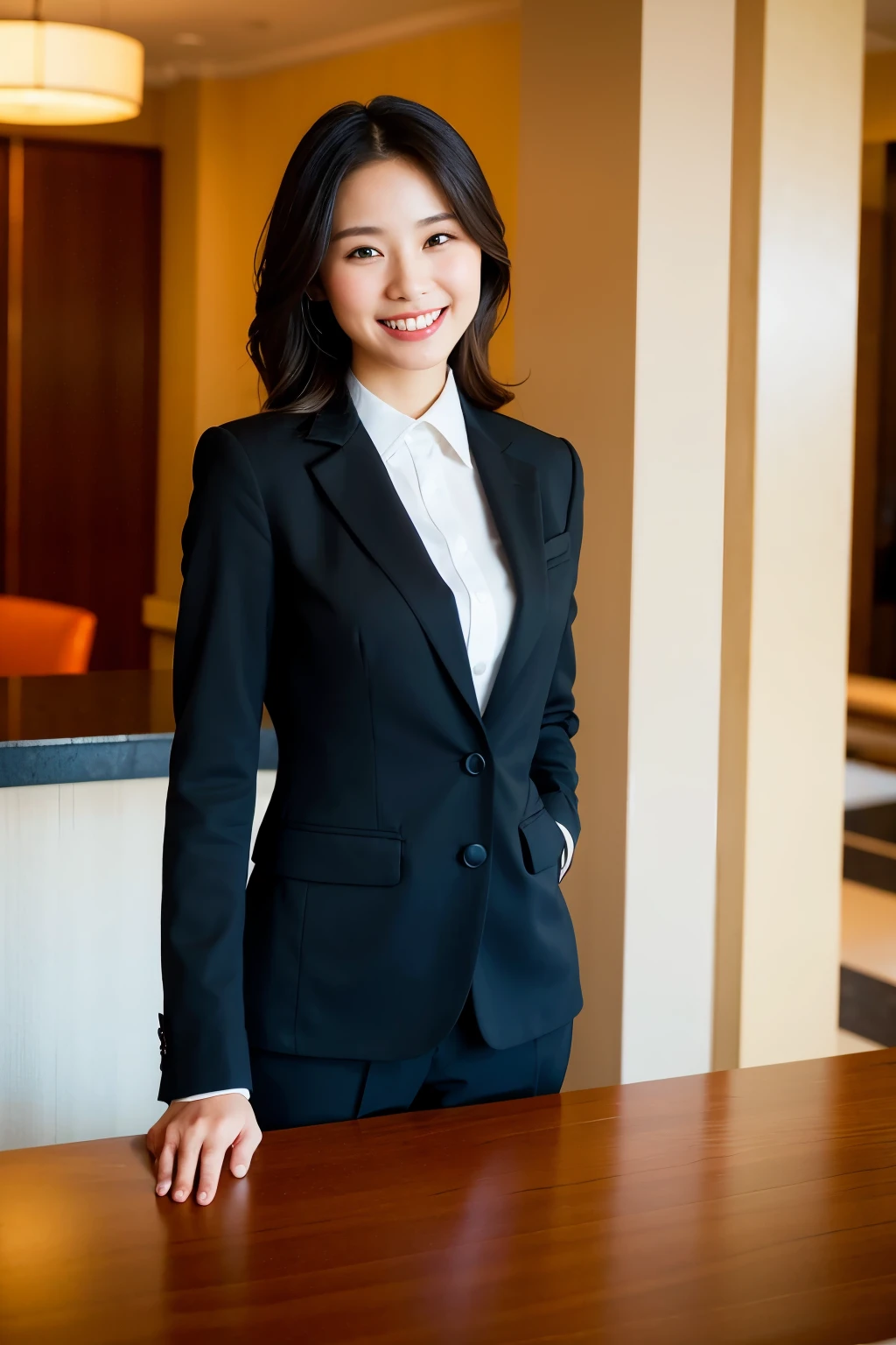 Natural light, girl smiling at the front desk of the hotel in a black suit (best quality, masterpiece: 1.2)