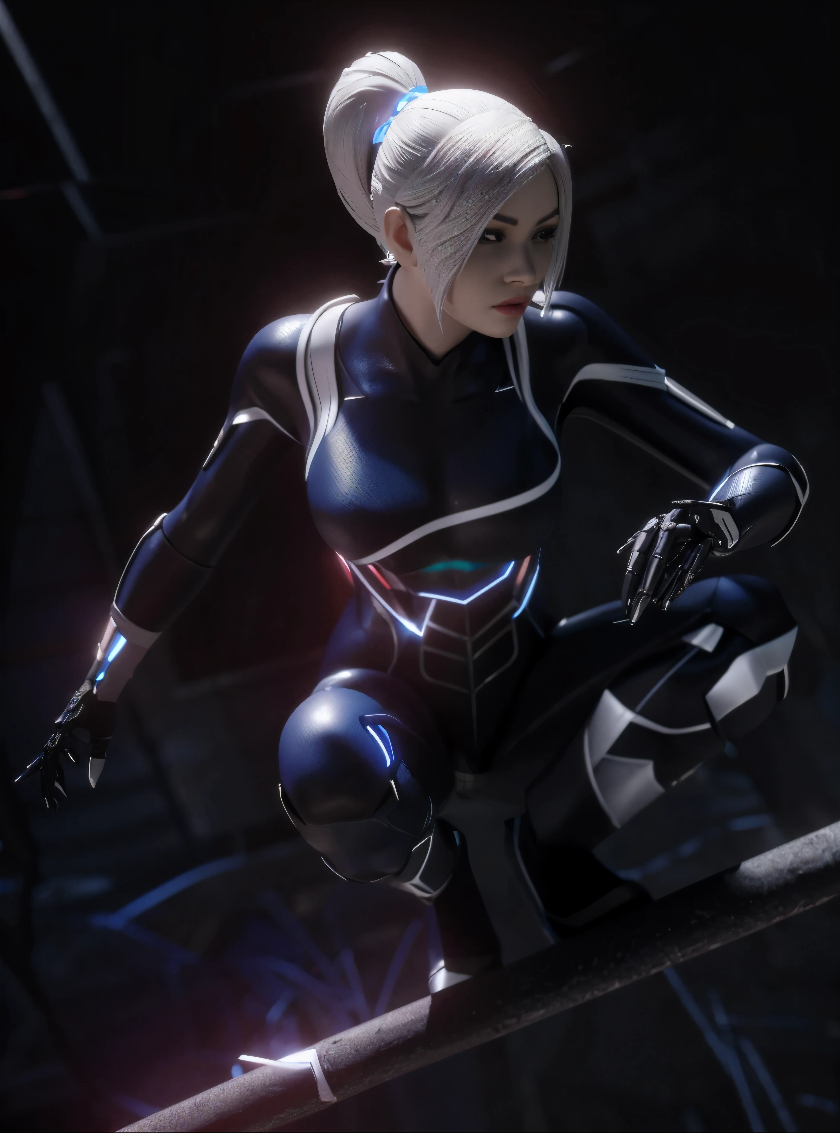 araffe in a black and white outfit on a ledge, 3 d render character art 8 k, 3d render of catwoman, cyborg - girl with silver hair, unreal engine character art, black cat, platinum skin, cyber suit, spider woman, cables on her body, rendered in sfm, detailed cinematic render, cybersuit, 3 d character render