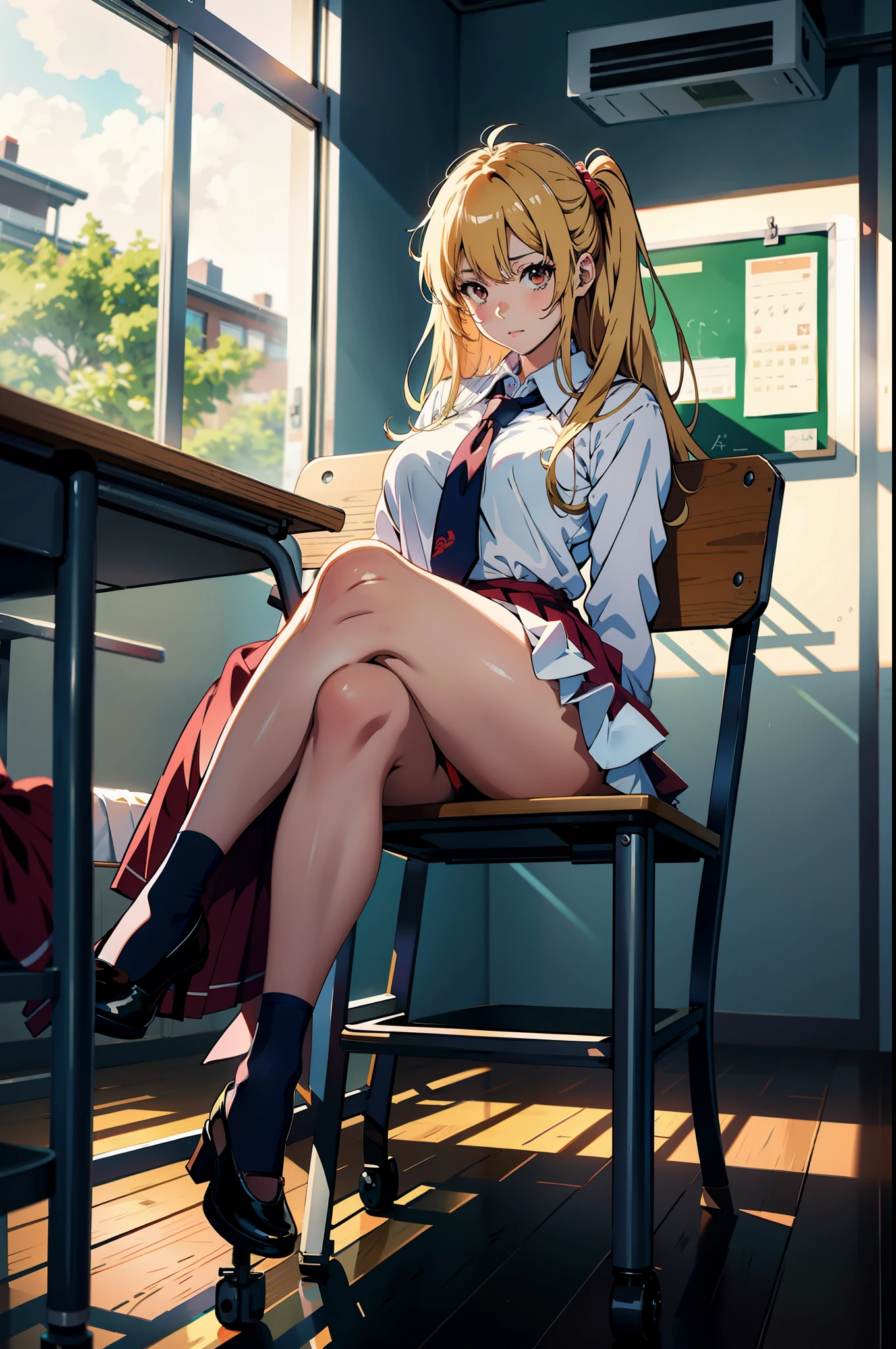 masutepiece, Best Quality, girl,middlebreasts、there is a woman sitting on a chair in a classroom, Seductive Anime Girl, hyperRealistic Schoolgirl, a hyperRealistic Schoolgirl, Realistic Schoolgirl, beautiful anime high school girl, beautiful anime girl squatting, Beautiful captivating anime woman, Beautiful captivating anime , the anime girl is crouching, charming anime girls, sitting in classroom, Cute Schoolgirl