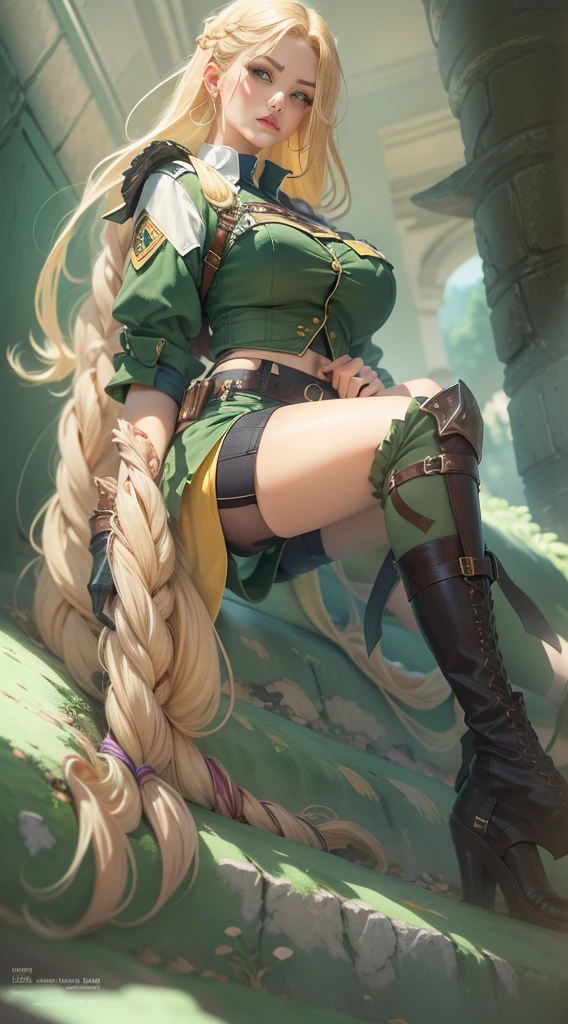 Blonde woman, 25 years, Fair Skin, golden hair, (((blonde hairs))), ruffa verde, green beret, long hair, long braided hair, a beauti, 4k, highs quality, sun lighting, Castlevania, in short shorts, Green shorts, White Boots, long boots,