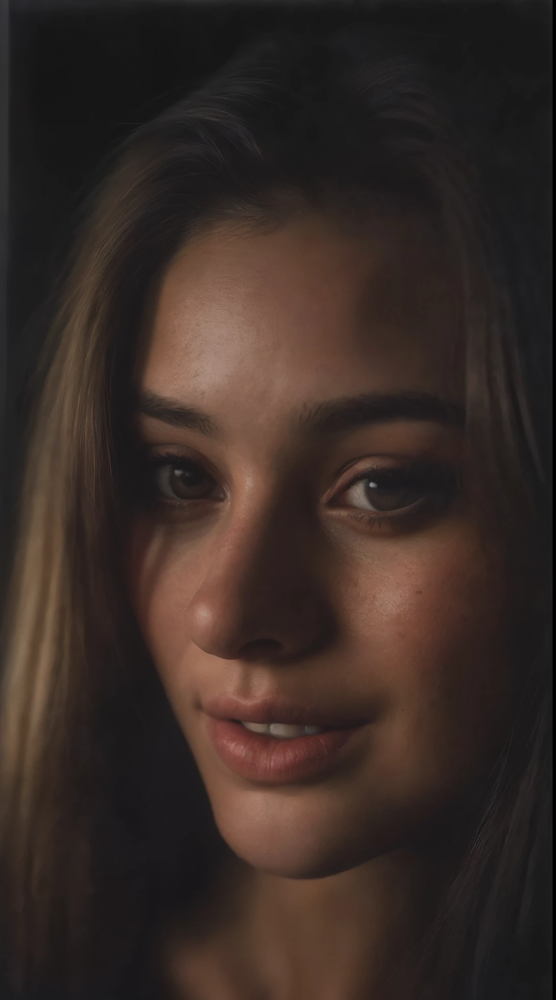 (close-up, editorial photograph of a 21 year old woman), (highly detailed face:1.4) (smile:0.7) (background inside dark, moody, private study:1.OV, by lee jeffries, nikon d850, film stock photograph ,4 kodak portra 400 ,camera f1.6 lens ,rich colors ,hyper realistic ,lifelike texture, dramatic lighting , cinestill 800,