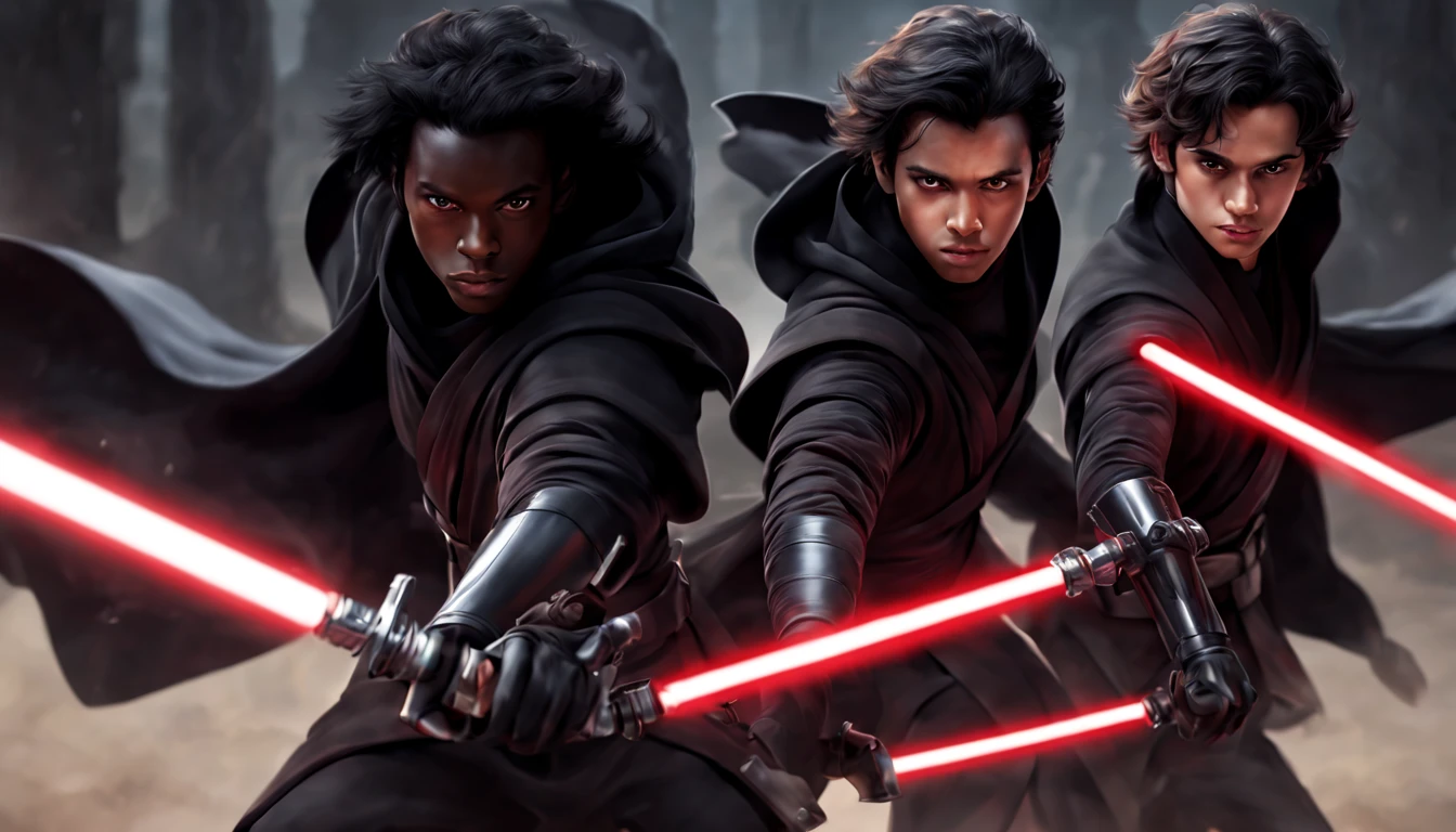 3 young male jedi knights, black robes , 4k ultra black hair , light sabers , dark black skin