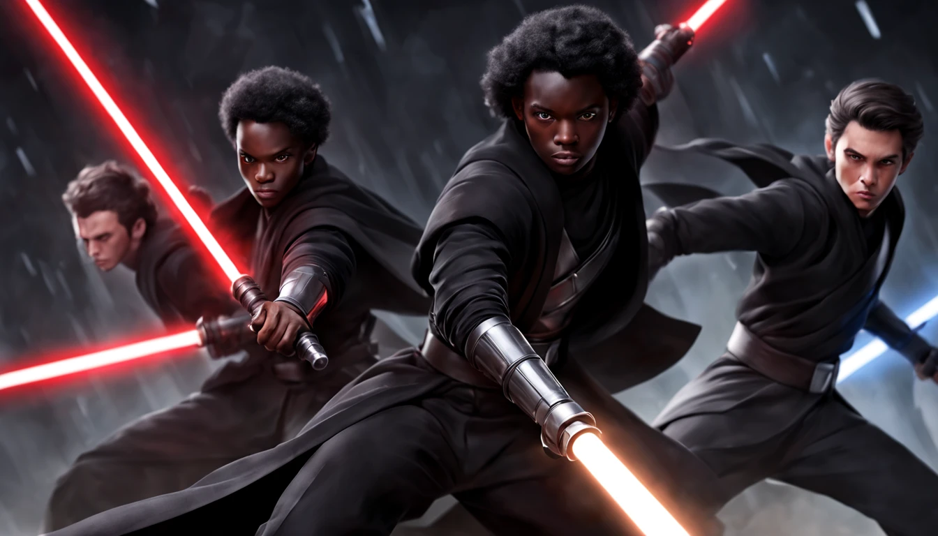3 young male jedi knights, black robes , 4k ultra black hair , light sabers , dark black skin