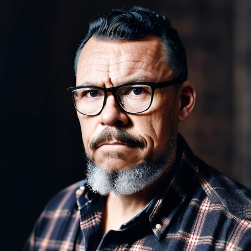 guttojugg1, A photograph of a man with a goatee, wearing a plaid shirt in a lumberjack style, and glasses. It's a promotional portrait in the style of Taras Shevchenko, inspired by Yousuf Karsh, an epic and elegant portrait, with inspiration from Wladyslaw Strzeminski and Paweł Kluza.