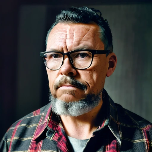 guttojugg1, A photograph of a man with a goatee, wearing a plaid shirt in a lumberjack style, and glasses. It's a promotional portrait in the style of Taras Shevchenko, inspired by Yousuf Karsh, an epic and elegant portrait, with inspiration from Wladyslaw Strzeminski and Paweł Kluza.