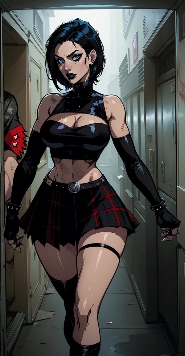a woman with short black hair, hair on shoulders, wearing a black cropped and plaid skirt, blue eyes, zombie art, gothic art, cute aesthetic with vibe, toon aesthetic, wearing red costume, wearing gothic accessories, look like Cassie Hack, whole body, holding a skull in his hand, horror background