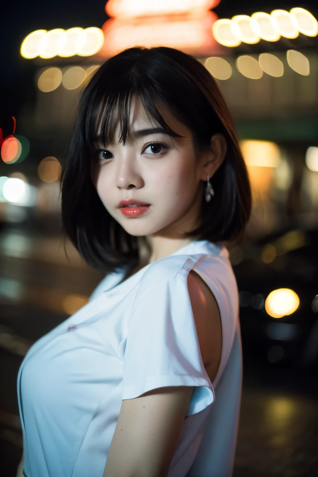((best quality)), ((master part)), (cinematic aesthetic:1.4) Foto de uma linda modelo coreana bokeh city night