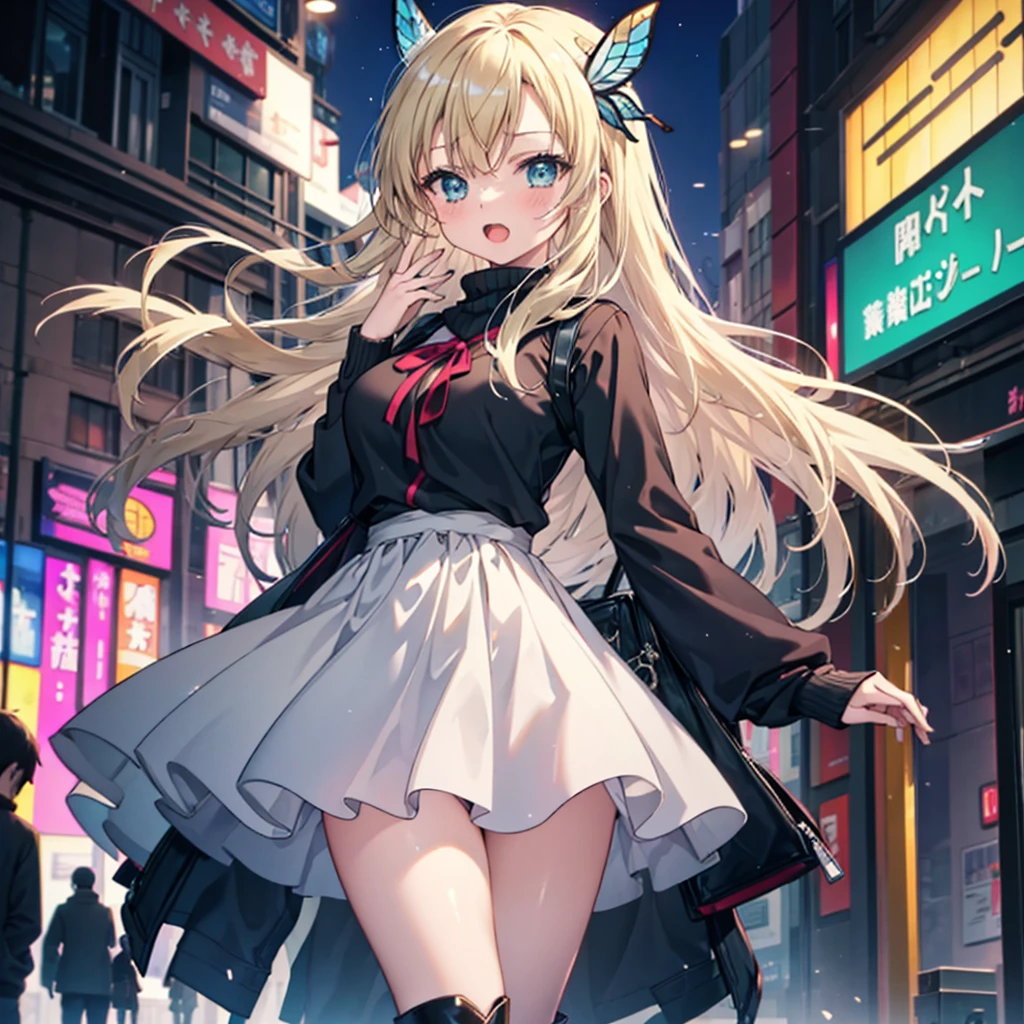 Anime style, super fine illustration, highly detailed, beautiful detailed, pale tone image, static representation, gentle expression, 8k, pretty 1girl with blonde straight short hair & blue eyes & a bright smile & full bust & soft fair skin is wearing big white business shart not to show her skin & black tight skirt & 1business bag, on the business building street, in the morning, brilliant particles of lights, romantic stories, solo, perfect 5fingers, perfect arms, perfect legs, masterpiece.