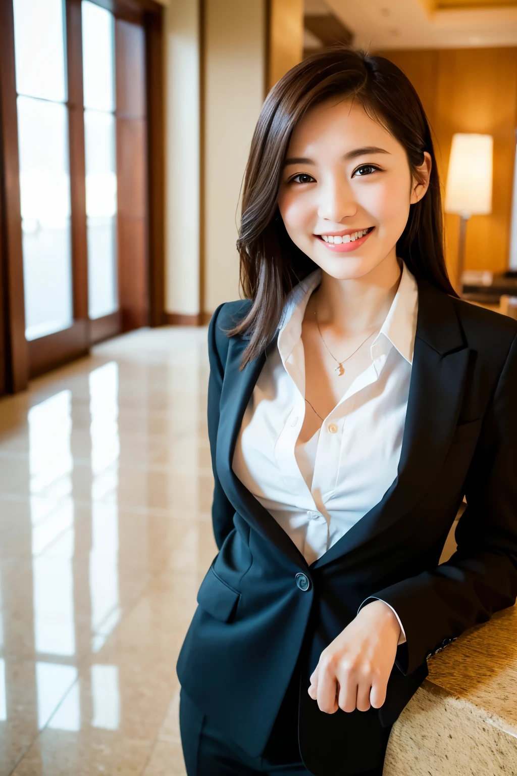 Natural light, Girl in hotel black suit smiling at hotel reception, (Best Quality, masutepiece: 1.2), Woman