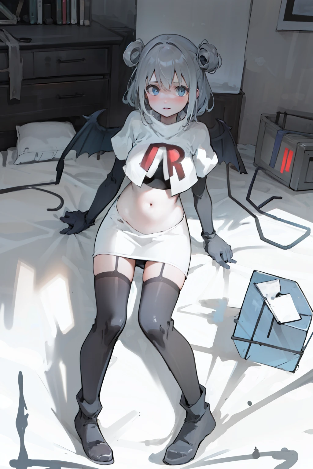 tmasterpiece,1girl,solo,,chains, mecha musume, mecha musume, (machine arm:1.4), mechanicalparts, mechanicalparts, mechanicalparts, Puppet joints, Puppet joints,doll-joints, (mechanical wings:1.4), team rocket,team rocket uniform,white skirt,red letter R,crop top,black thigh-highs,black elbow gloves
