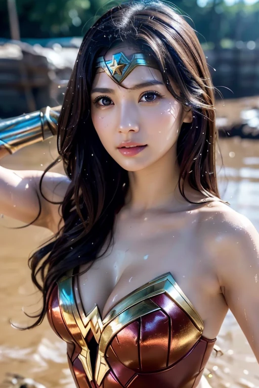 masterpiece、1 beautiful girl、A detailed eye、Puffy eyes、top-quality, 超hight resolution, (Realisticity: 1.4), cinematlic lighting、japanes、Asian Beauty、Korea person、Super beauty、Beautiful skin、The body is facing forward、(A hyper-realistic)、(hight resolution)、(8K)、(ighly detailed)、(美しくA detailed eye)、(ultra-detailliert)、 (wall-)、A detailed face、Bright lighting、profetional lighting、looking at viewert、Facing straight ahead、oblique bangs、nighttime scene、Brown hair、乃木坂アイドル、韓国アイドル、hposing Gravure Idol、、25 year old wonder woman、Woman in Wonder Woman costume in the mud、 wet mud, Covered in mud, mud ground, Wearing a Wonder Woman costume, uhd candid photo of dirty, Flying mud, Dirty and sweaty, dirty, Wearing sweat,dirty, tar pit,severe mud stains on face、Severe costume stains