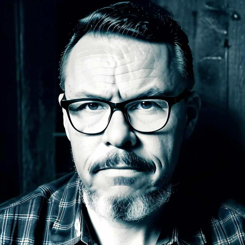 guttojugg1, A black and white photograph of a man with a goatee, a subtle smile, wearing a plaid shirt in a lumberjack style, and glasses. It's a promotional portrait in the style of Taras Shevchenko, inspired by Yousuf Karsh, an epic and elegant portrait, with inspiration from Wladyslaw Strzeminski and Paweł Kluza.