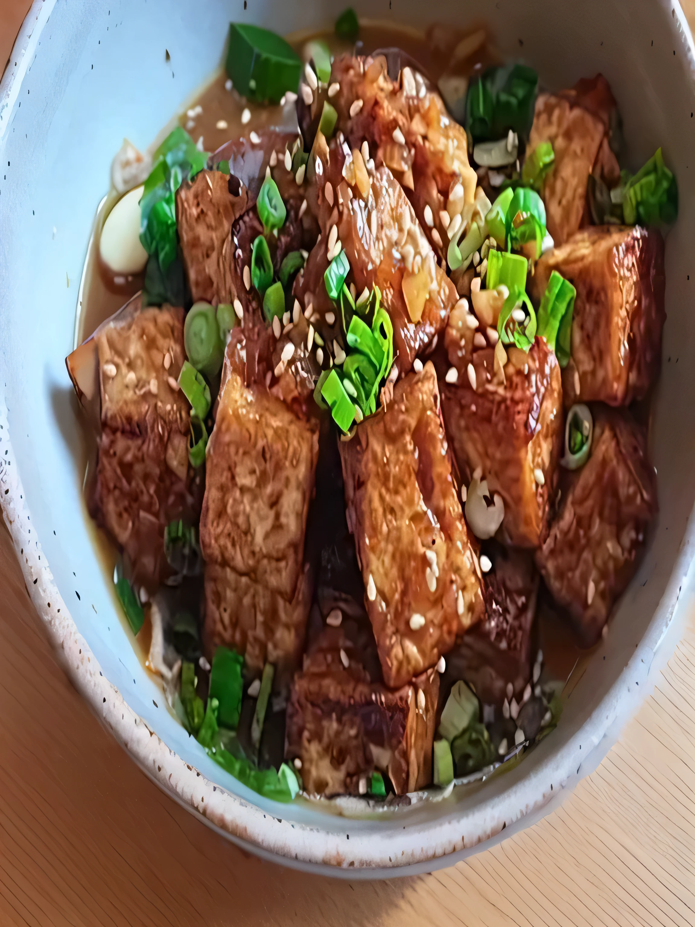 there is a Était of food with tofu and broccoli in it, mapo de tofu, succulente aux graines de sésame, mapo de tofu cartoon, miammy, Chinois, Était, ❤🔥🍄🌪, Était filled with food, miam, inspiré de Kanō Tan'tu, riz, couple Joe Bowler, vigne, Saumon khoshroo
