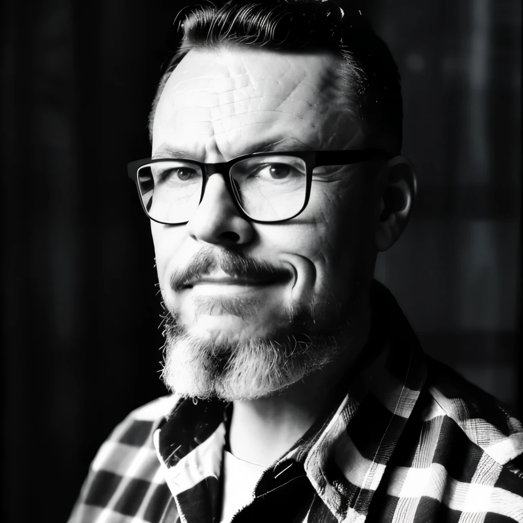 guttojugg1, A black and white photograph of a man with a goatee, a subtle smile, wearing a plaid shirt in a lumberjack style, and glasses. It's a promotional portrait in the style of Taras Shevchenko, inspired by Yousuf Karsh, an epic and elegant portrait, with inspiration from Wladyslaw Strzeminski and Paweł Kluza.