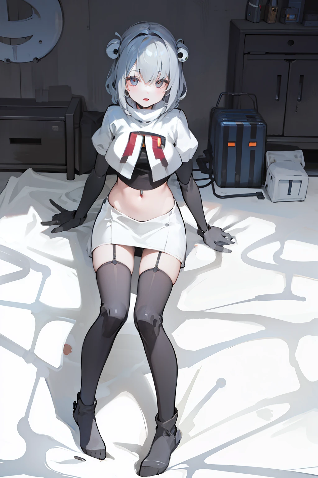tmasterpiece,1girl,solo,,chains, mecha musume, mecha musume, (machine arm:1.4), mechanicalparts, mechanicalparts, mechanicalparts, Puppet joints, Puppet joints,doll-joints, (mechanical wings:1.4), team rocket,team rocket uniform,white skirt,red letter R,crop top,black thigh-highs,black elbow gloves
