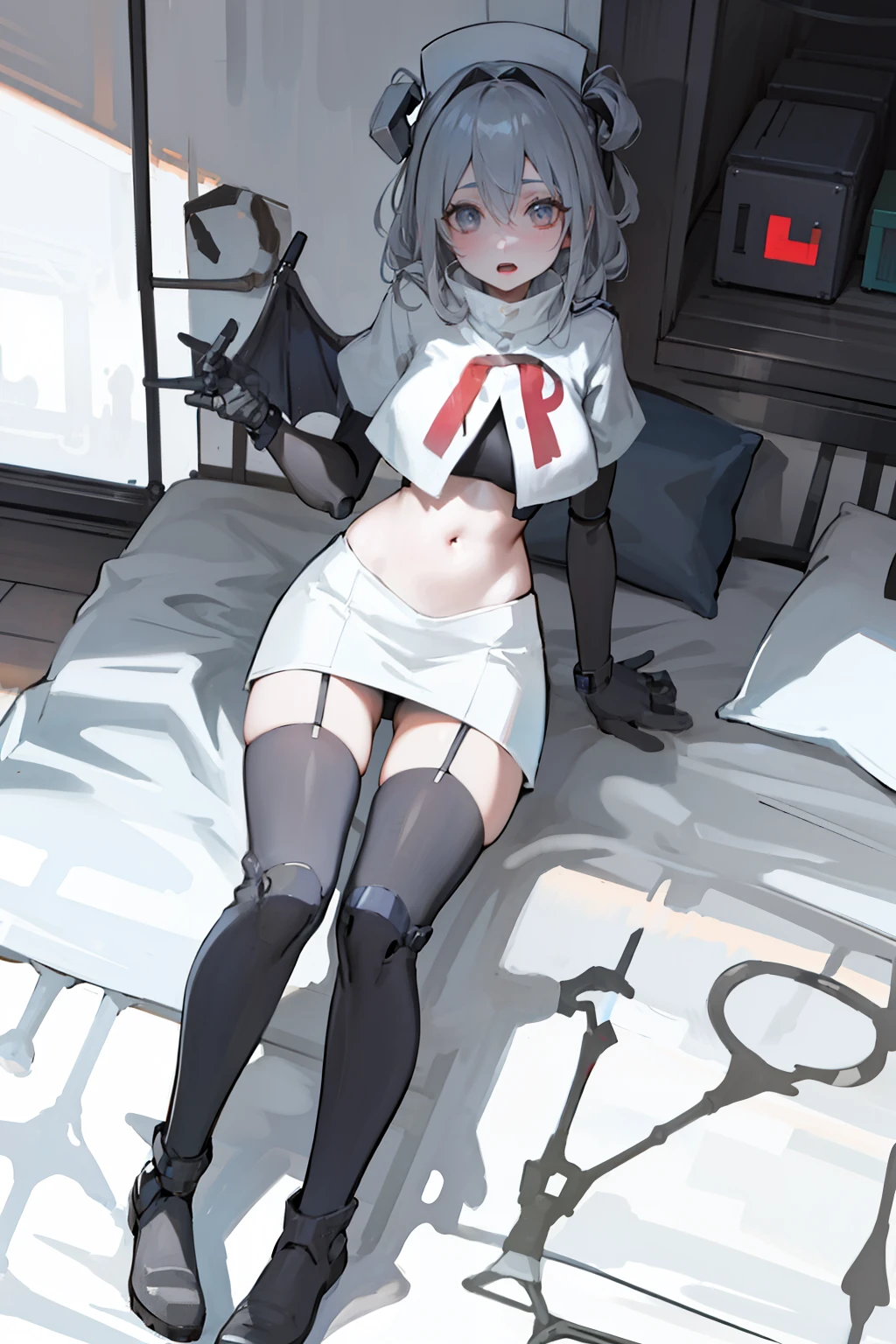 tmasterpiece,1girl,solo,,chains, mecha musume, mecha musume, (machine arm:1.4), mechanicalparts, mechanicalparts, mechanicalparts, Puppet joints, Puppet joints,doll-joints, (mechanical wings:1.4), team rocket,team rocket uniform,white skirt,red letter R,crop top,black thigh-highs,black elbow gloves