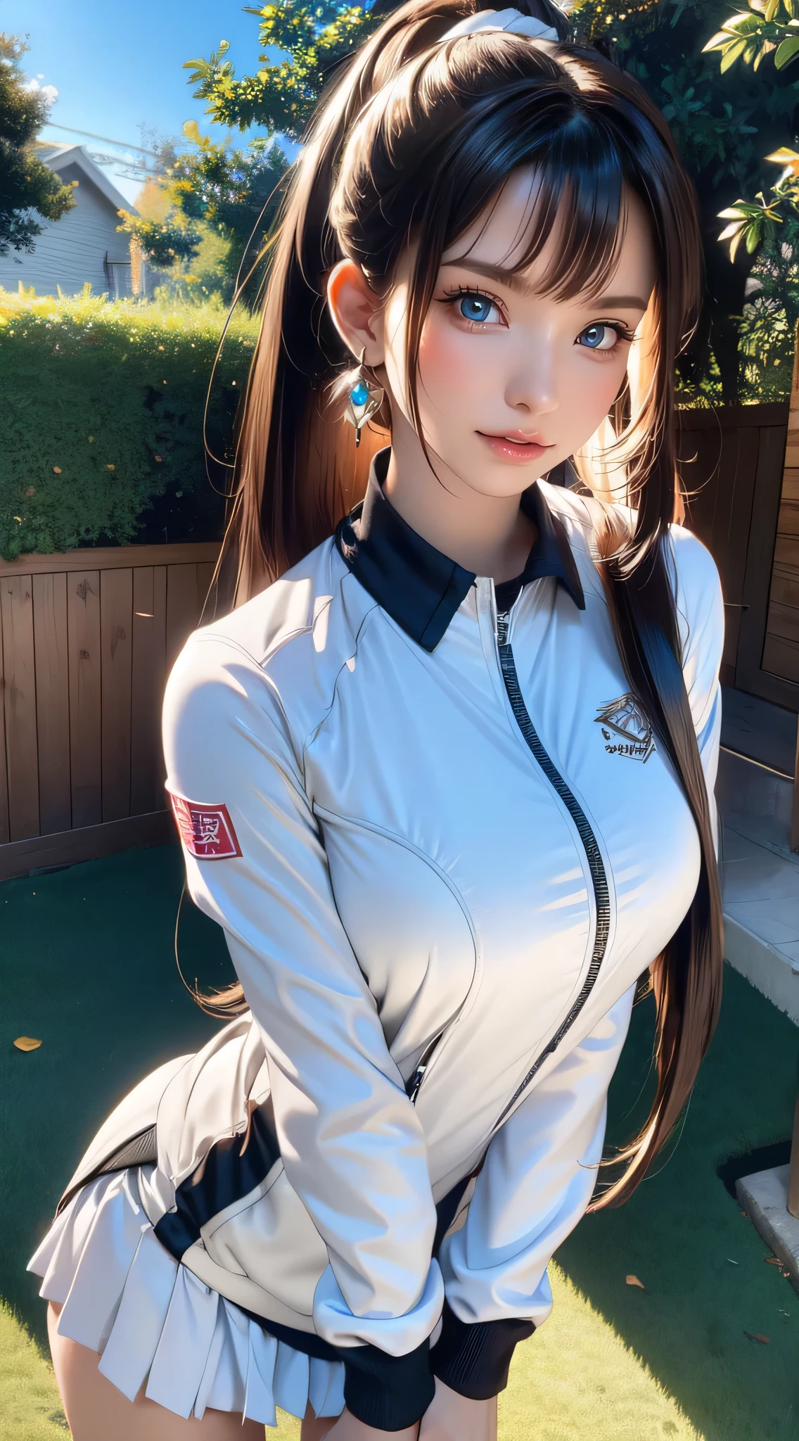 (Random sexy poses),Extreme close-up,1girl in,(Ultra detailed skin),Curve,Petite,Beautiful breasts,(Large breasts),pale skin,pointed breast,Erect nipples,(Fantasy Art,Highest image quality,Hyperrealist portrait,(8K),Ultra-realistic,Best Quality, High quality, High Definition, High quality texture,high detailing,Beautiful detailed,fine detailed,extremely details CG,Detailed texture,realistic representation of face,masutepiece,presence,Dynamic,Bold),Ponytail,(super thin hair),(ultra soft hair),(ultra straight hair:1.5),Swept long bangs,Extra bright coppery amber hair,Hair over one eye,Clothed,Tennis Uniform