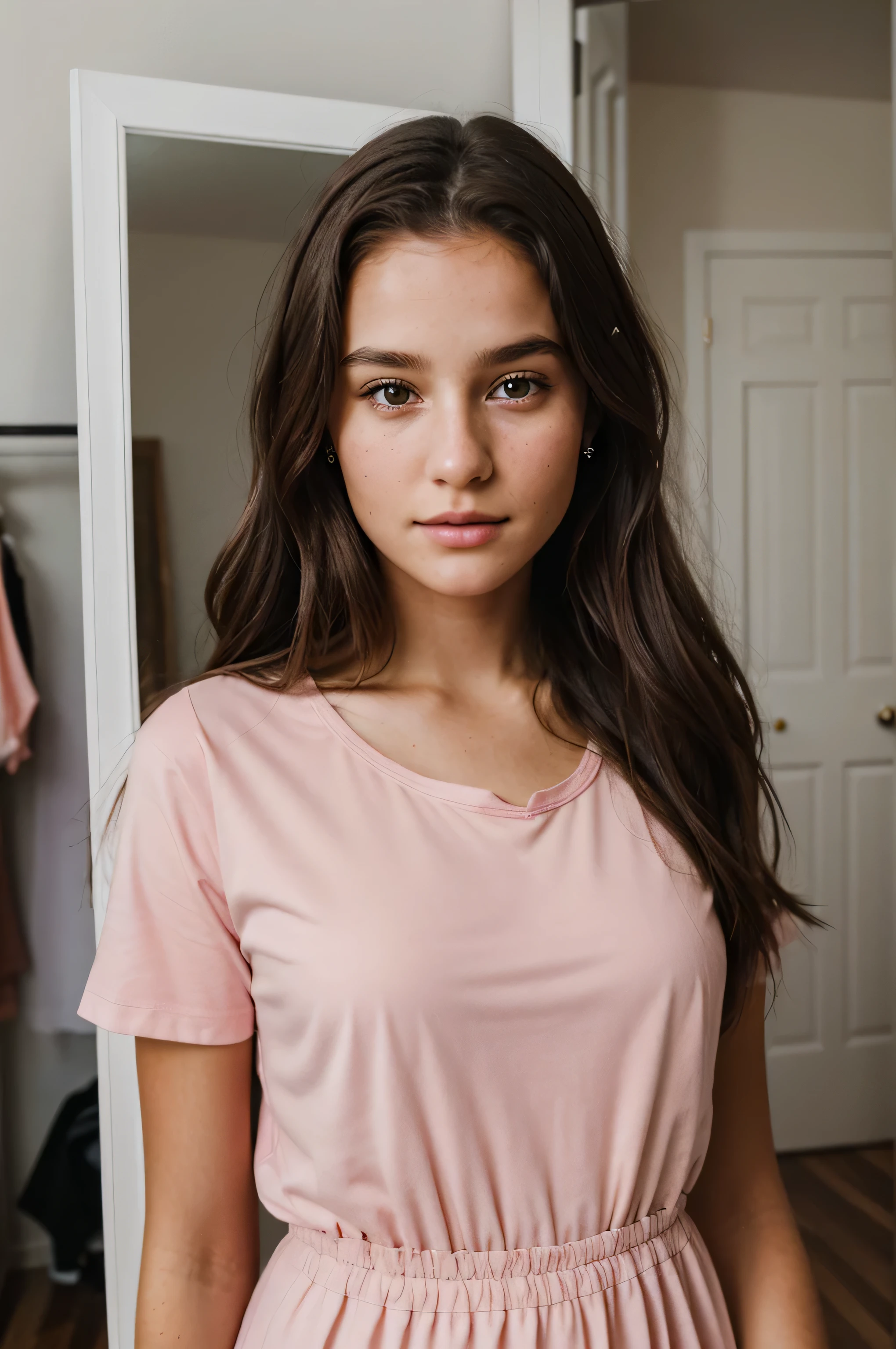 {there is a young girl looking through a wardrobe in a bedroom. she is beautiful, and attractive. she is wearing a pink bra and underwear. she has beautiful long brown hair, and beautiful hazel eyes. she is holding a t-shirt style dress. there is a mirror behind her, as to say she is deciding on what to wear. there is clothes all over the floor. there is other dresses hanging in the wardrobe.}, {best quality}, {{masterpiece}}, {highres}, {{{8k}}}, extremely detailed girl, {{{caucasian skin}}}, {{{detailed face}}}, {photo-realism}, {{perfect anatomy}}, sharp focus, {{{character{1 girl}}}}, solo, {{{{{sharp focus}}}}}, {{{detailed cloth texture}}}, {{{detailed skin texture}}}, {{{smooth lighting}}}, {{australian decent}}, {{18-years old girl}},