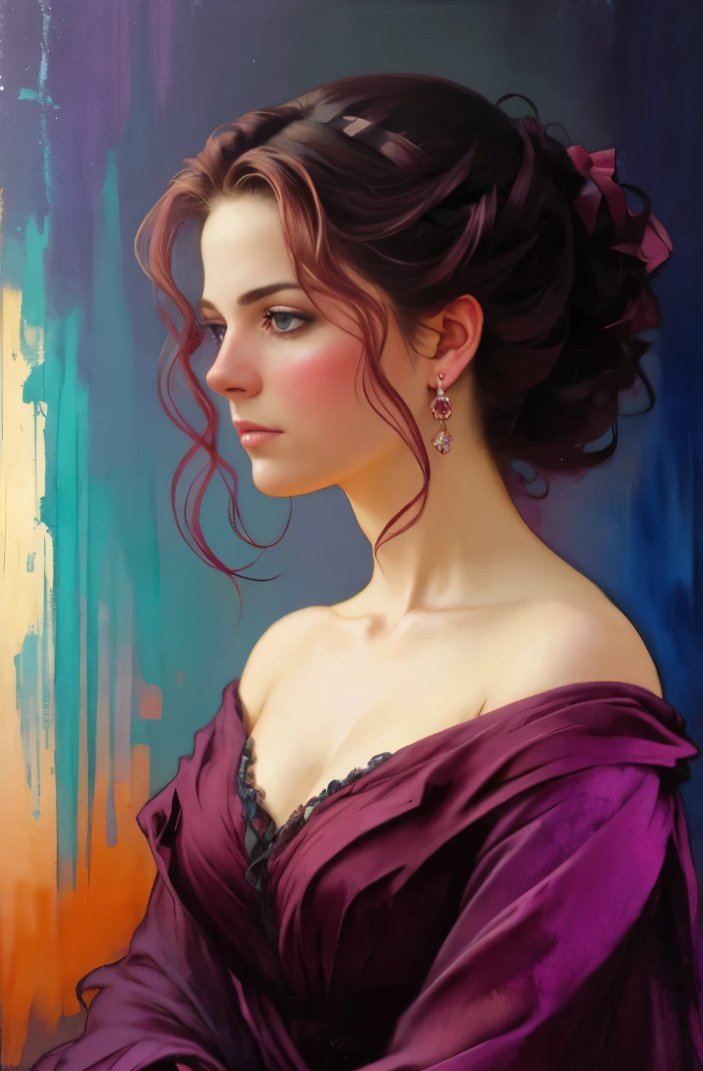 magenta and orange tones, painting of a woman, Gone with the wind, with influence of Jeremy Mann, Jeremy Mann, style of Jeremy Mann, Jeremy Mann painting, Jeremy Mann art, Ron Hicks, Liepke, Jeremy Mann and alphonse mucha, Works that influenced Edmund Blampid, robert lenkiewicz, Casey Boe and James Jean, Inspired by Willem Kalf, Nick Alm, Tumbler, figurative art, Intense watercolor painting, watercolor detail art,expressive beautiful painting, a beautiful artwork illustration, very colorful tones, Fantastical, Cool Beauty, Best Quality,Official art, Female Solo, sharp outline, a closeup, supreme work of art, Beautifully Aesthetic