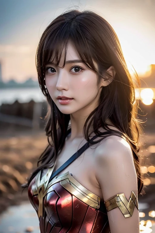 masterpiece、1 beautiful girl、Detailed eyes、Puffy eyes、Highest quality, 超High resolution, (Reality: 1.4), Cinema Lighting、Japanese、Asian Beauty、Korean、Super Beauty、Beautiful Skin、(Surreal)、(High resolution)、(8k)、(Very detailed)、(美しくDetailed eyes)、(Ultra-detailed)、 (wall-)、Detailed face、Bright lighting、Professional Lighting、View your viewers、Diagonal bangs、Night Scenery、Brown Hair、Nogizaka Idol、Korean Idol、Gravure idol pose、、Wonder Woman at 25、Woman in Wonder Woman costume、 Wet Mud, Muddy, Wearing a Wonder Woman costume, uhd candid photo of dirty, Flying Mud, Dirty and sweaty, dirty, Sweat,dirty, Tar Pit,Severe mud stains on face、Severe stains on clothes、The costume is broken、grassland、Knee Mask
