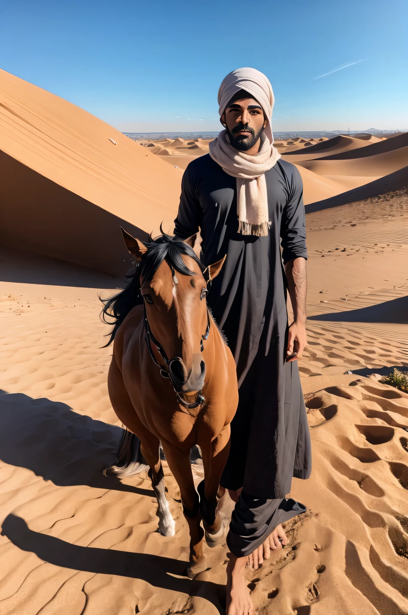 Full-body image of a stocky, bald 30-year-old Danish man standing completely naked in the desert