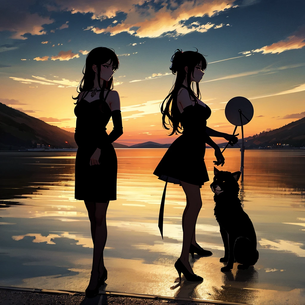 midynight,Silhouette of 1girl standing elegantly by the tranquil lake,Extremely Delicately Beautiful,tmasterpiece,Best quality at best,oil painted