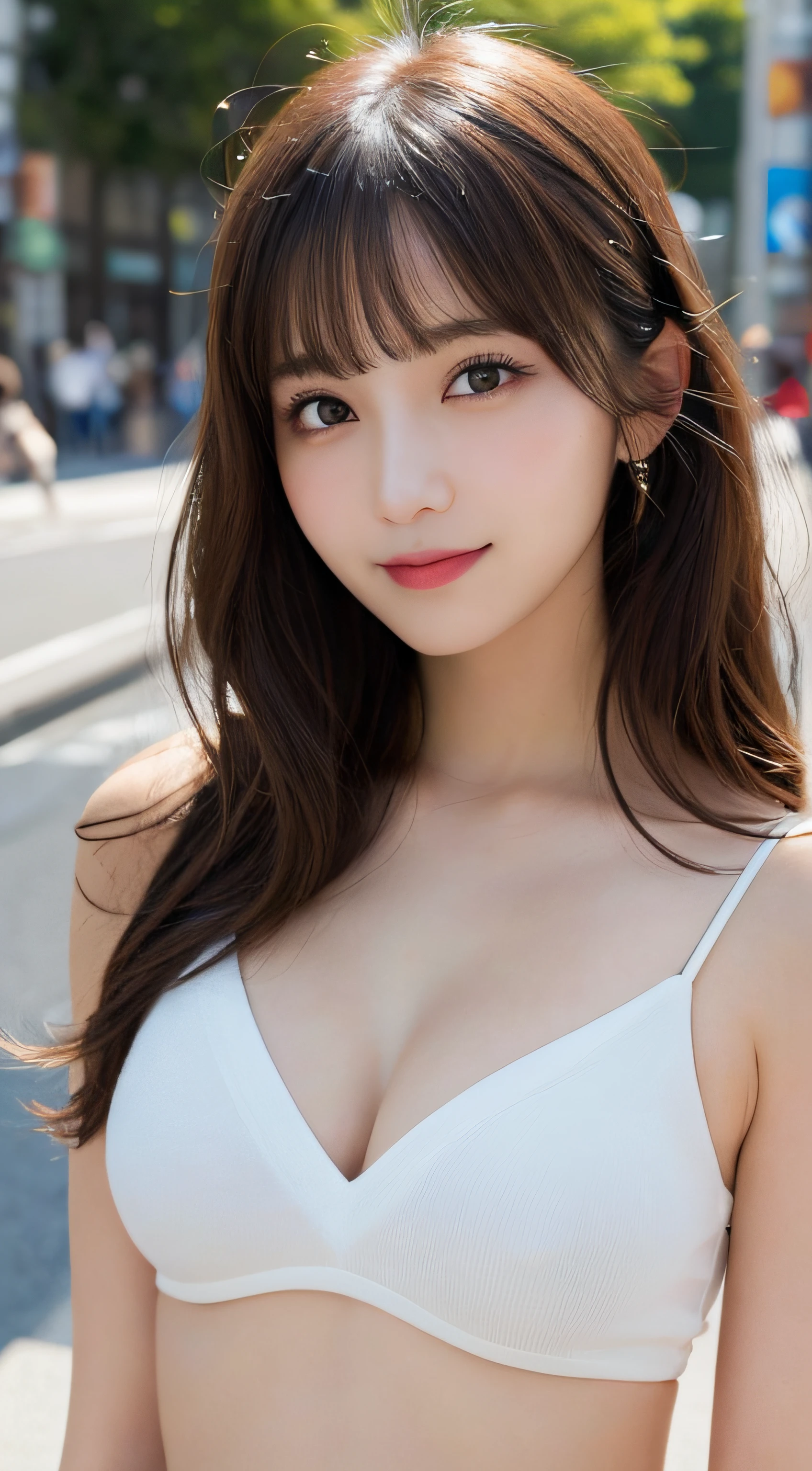 masutepiece, Best Quality, Illustration, Ultra-detailed, finely detail, hight resolution, 8K Wallpaper, Perfect dynamic composition, Beautiful detailed eyes, Women's Fashion Summer,Medium Hair,Small breasts natural color lip, Bold sexy poses,Smile,Harajuku、20 years girl、Cute、Sexy shot looking at camera