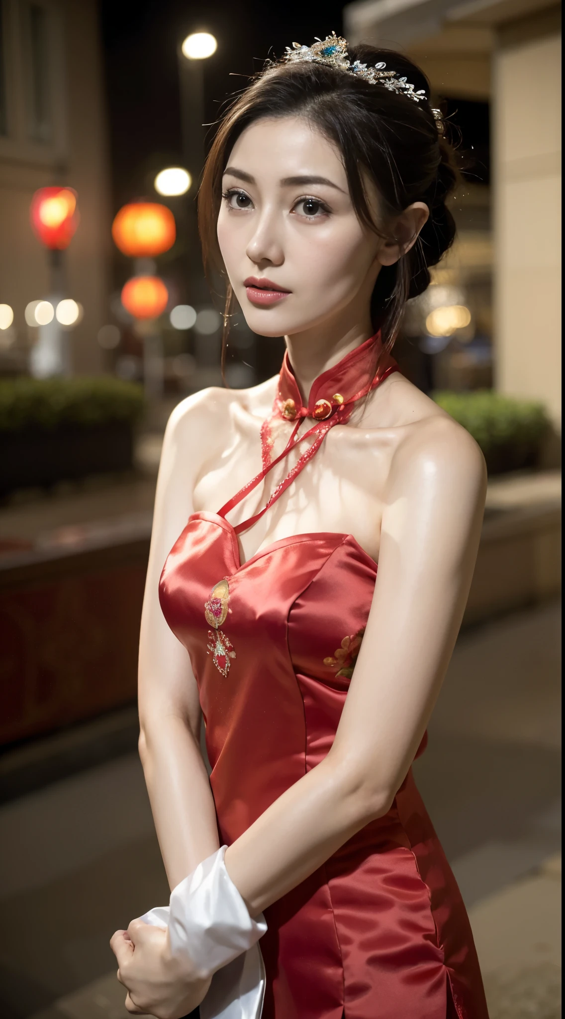 1 beautiful young girl， walking down a sidewalk with red lantern, (Street during the day)，（New Year&#39;s Day celebration scene）, red lantern, chinese lantern, Red Chinese cheongsam, Delicate face，Raised sexy，((((Bust photo))))，((Clear face))，((Close-up of the face))，street lanterns are shining, with lantern, hanging lantern, wearing red cheongsam, Baotou, China, Uptrend ，An attractive one, China-style, tmasterpiece