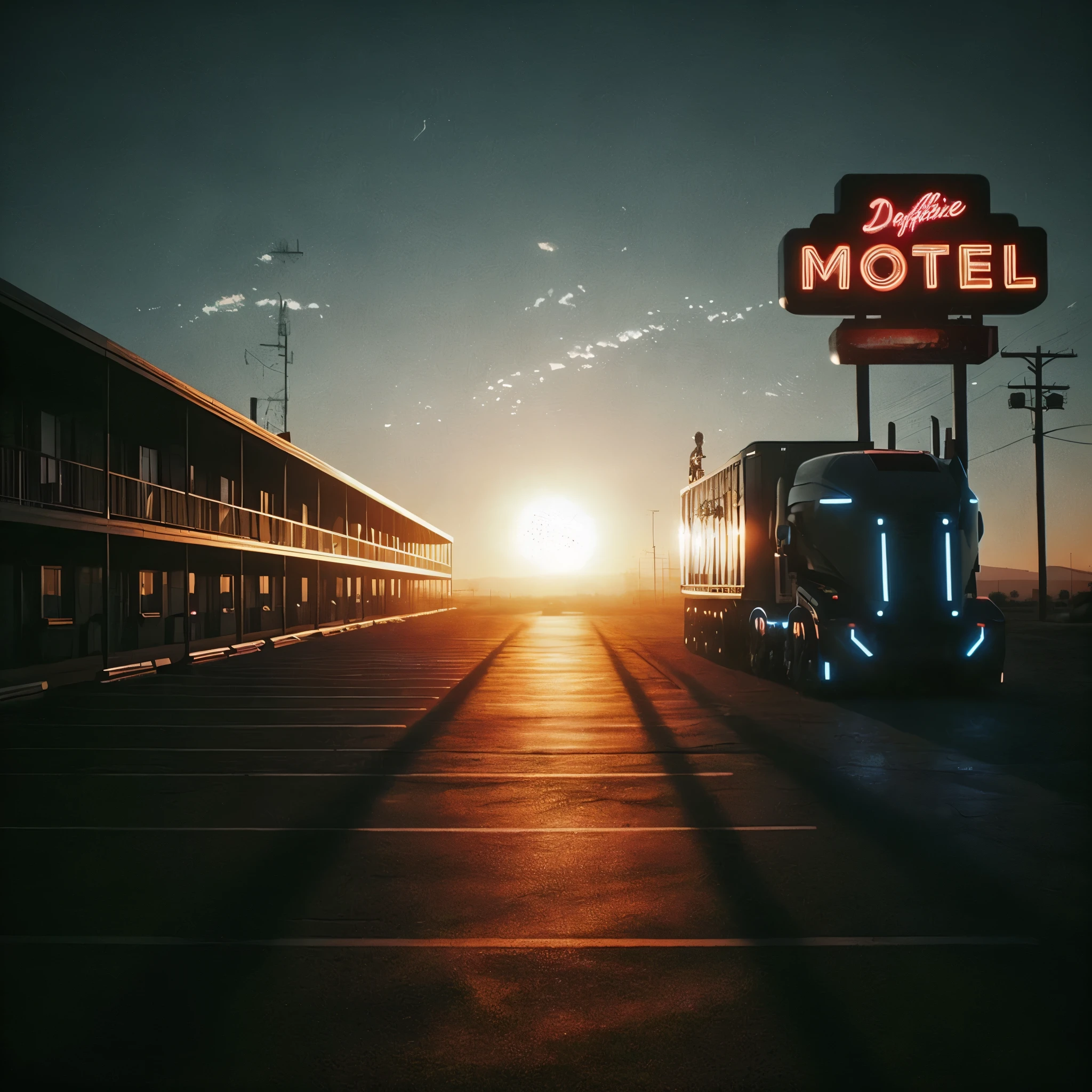 there is a truck that is parked in front of a motel, beeple. hyperrealism, in the art style of filip hodas, realism | beeple, artem demura beeple, 3 d render beeple, recusion beeple, beeple and tim hildebrandt, cinematic beeple, beeple |