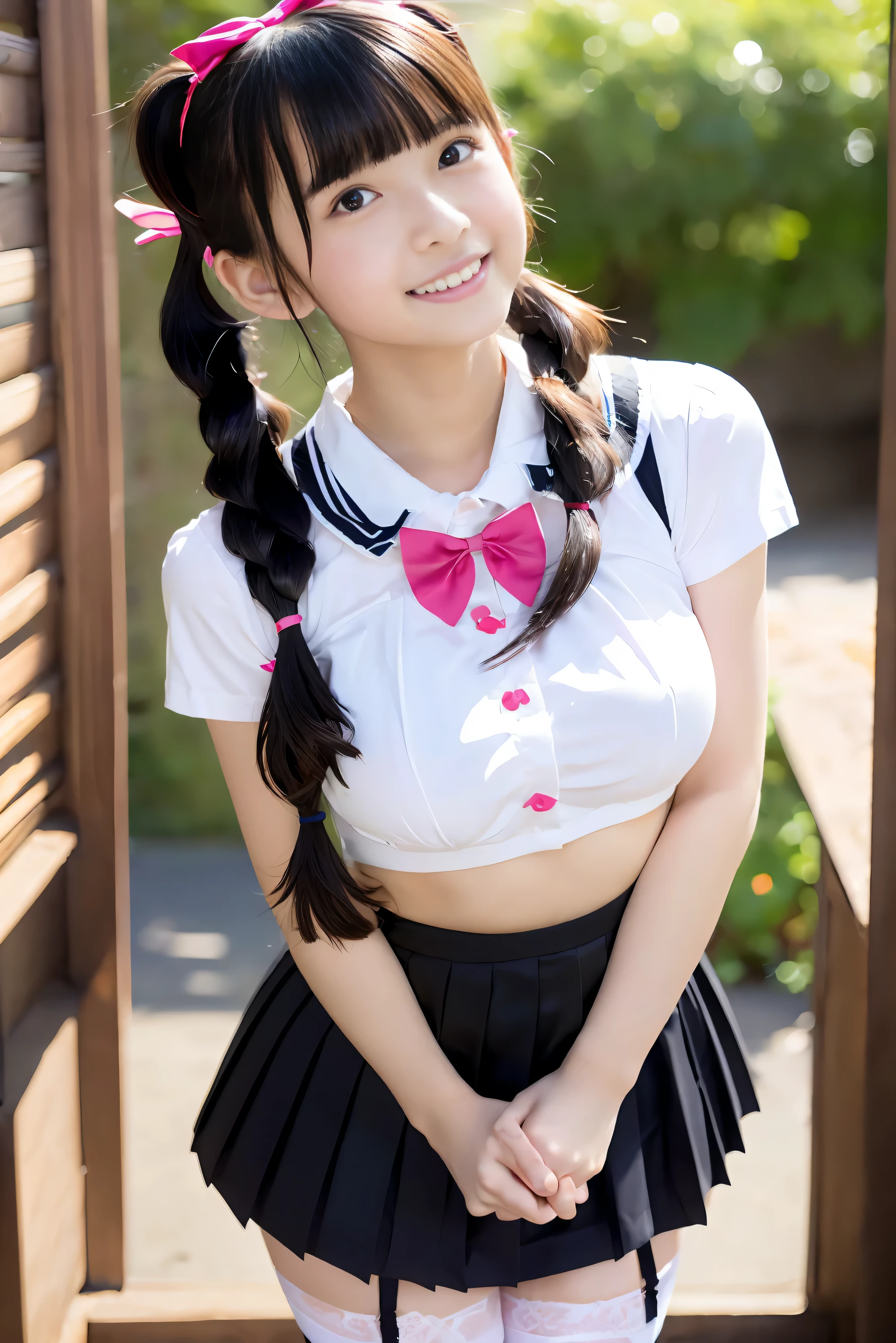 (Best Quality,4K,High resolution:1.2), Ultra-detailed, Realistic portrait, Best Quality, (outside japanese high school), (passionate scene),one young looking high school girl, (intense emotion), (carp), (kiss:1.1), , (open eyes),(innocent look), student clothes, long black hair with bows and ribbons、Mini Pleated Skirt、(Stockings), standing, open mouth, big breasts, lingerie, pigtails, thin tiny waist, black and pink marching band uniform with bow, having fun, small body, big brown eyes, big cute smile, (full body, perfect long legs, looking up staring into camera, far away), shirt lifted up, lace bra