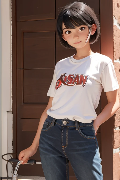 12 year old 2d female character with semi short hair, camiseta sin mangas y pantalones de malla negros para juego de plataformas..
