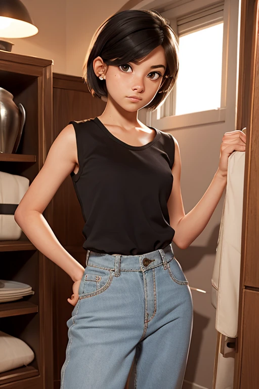 12 year old 2d female character with semi short hair, camiseta sin mangas y pantalones de malla negros para juego de plataformas..