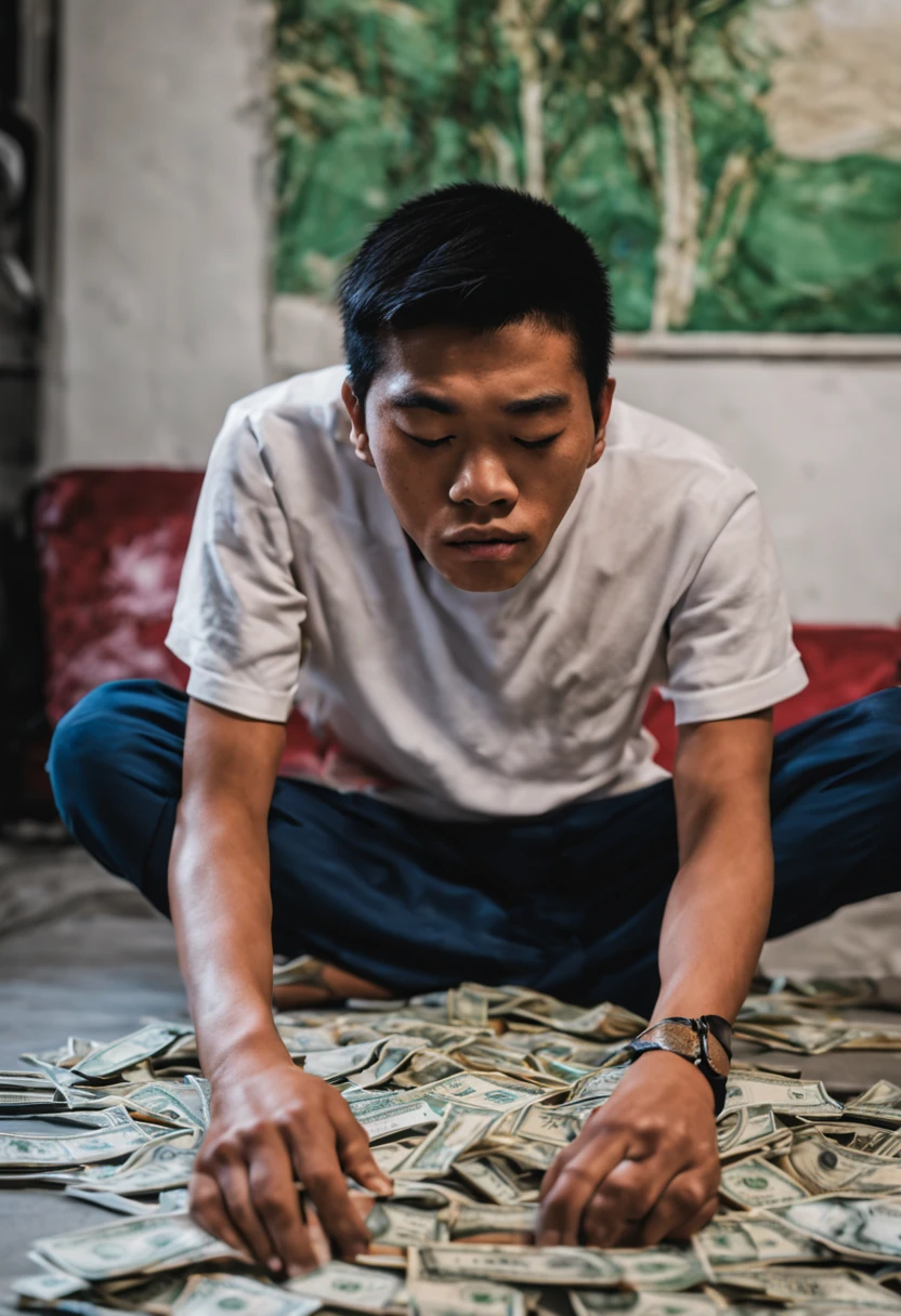 A 19-year-old Thai man sleeps at home when a dollar bill falls on him, leaving only his head exposed. Full body photo.
