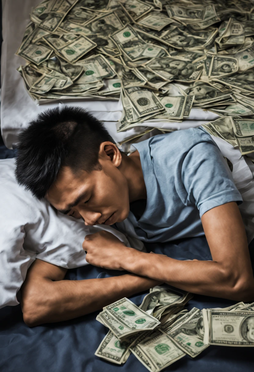 A 19-year-old Thai man sleeps at home when a dollar bill falls on him, leaving only his head exposed. Full body photo.