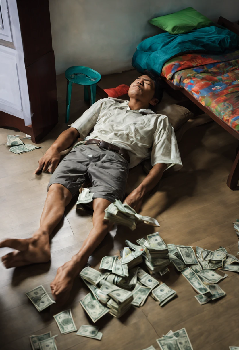 A 19-year-old Thai man sleeps at home when a dollar bill falls on him, leaving only his head exposed. Full body photo.