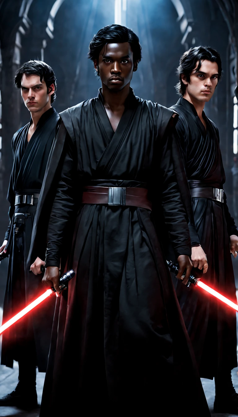 3 young male jedi knights, black robes , 4k ultra black hair , light sabers , dark black skin