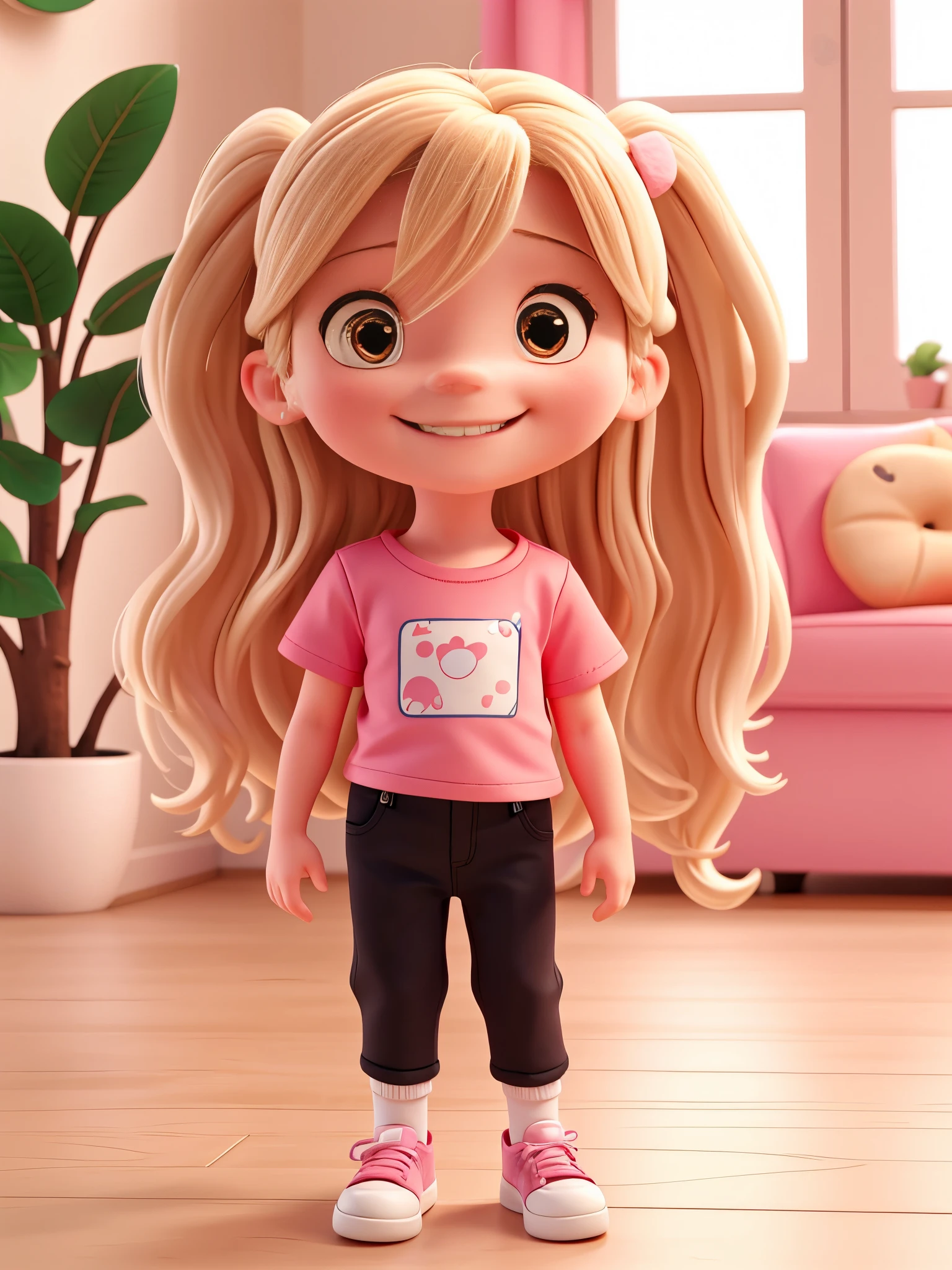 4-year-old white child, brown eyes, long blonde hair, smiling and happy, wearing a pink t-shirt, black pants and white sneakers.