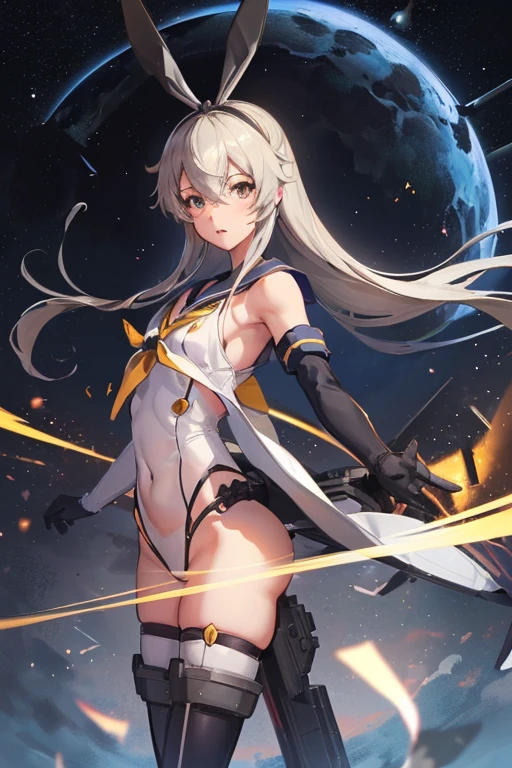 hyper detailed, perfect anatomy, extremely detailed and delicate, 1 girl, shimakaze(kancolle), 1 black cat, night sky, stars, milkyway, hugging a black cat,