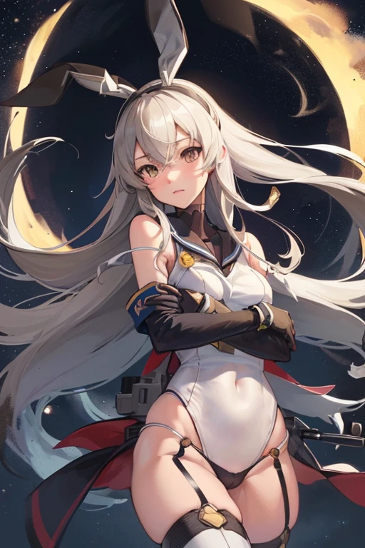 hyper detailed, perfect , extremely detailed and delicate, 1 girl, shimakaze(kancolle), 1 black cat, night sky, stars, milkyway, hugging a black cat,
